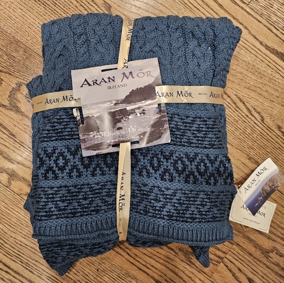 Aran Mór Blue Knit Wool Blanket - Picture 1 of 5